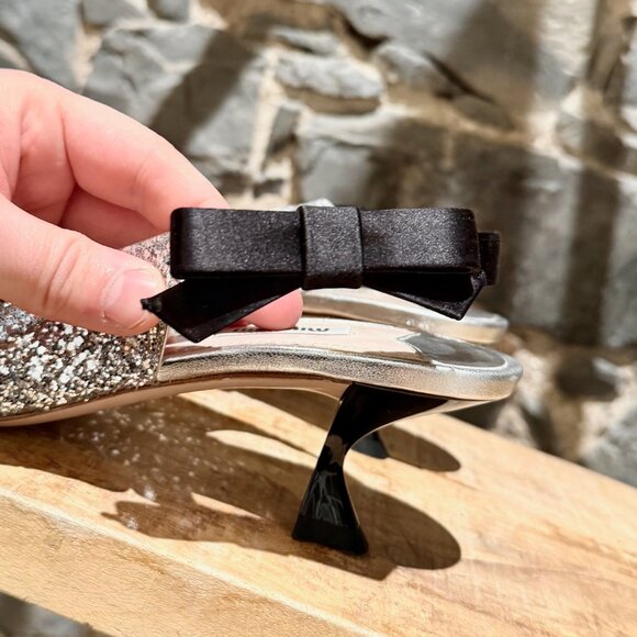 Miu Miu Silver Glitter Slingback Bow Pumps - Picture 9 of 13